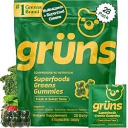 Gruns Adult Super Greens Multivitamin Gummies, Superfood Gummy Vitamins for Women and Men with Spirulina, Chlorella, Adaptogens & Prebiotic Fiber for Digestive Health (28 Count)