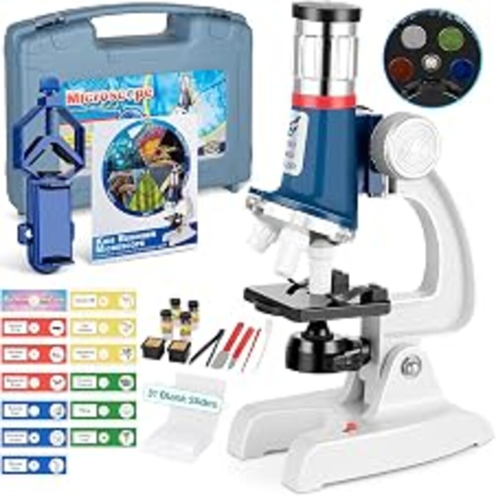 58-Piece Kids Microscope Kit - 100X-1200X Magnification, Metal Body, LED Light, Carrying Box - Science Experiment STEM Toys for Kids Ages 5-12, Perfect Educational Birthday Gift