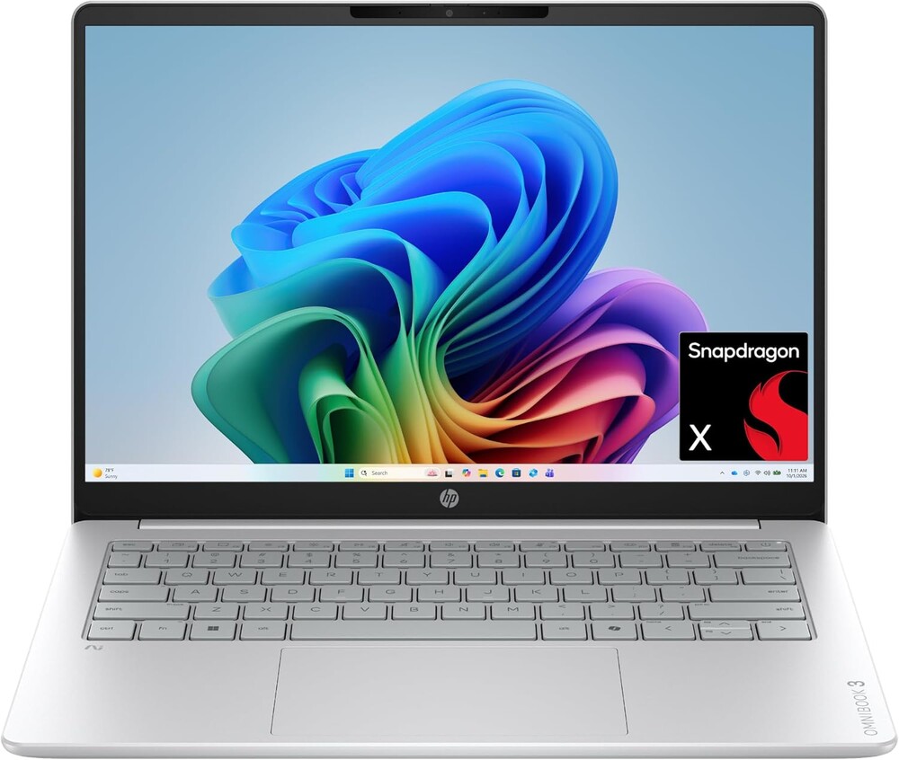 HP OmniBook 3 14 inch Next Gen AI PC, 2K Display, Snapdragon X X1-26-100, 16 GB RAM, 512 GB SSD, Qualcomm Adreno GPU, Windows 11 Home, Glacier Silver, 14-hz0099nr