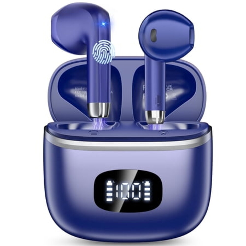 Wireless Earbuds Bluetooth 5.4 Noise Cancelling for iPhone Android with 4 ENC Mic, Dual LED Display, 50H Playtime IPX7 Waterproof In Ear Headphones, Blue