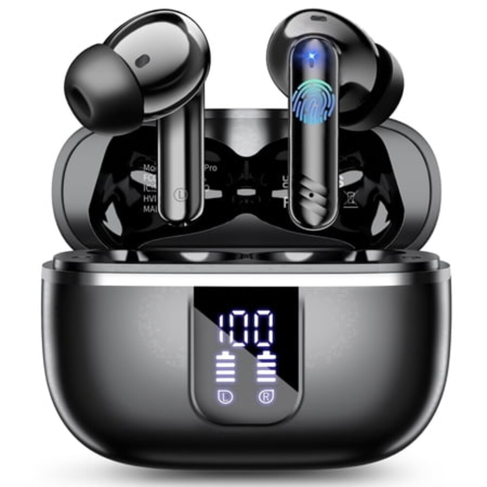 Wireless Earbuds Bluetooth Noise Cancelling Ear Buds for iPhone Android Sports Workout, 38H Playtime, Microphone Deep Bass Stereo, LED Display, Waterproof in Ear Earphone, Black