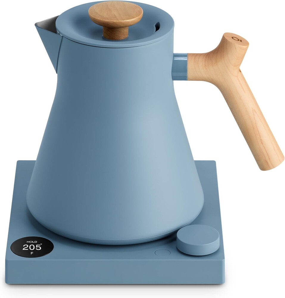 Fellow Corvo EKG Pro Electric Tea Kettle - Quick Heating, Precise Temperature Control Electric Kettle, Scheduling, Built-in Brew Timer for Boiling Water - Hazy Blue with Maple Handle - 0.9 Liter