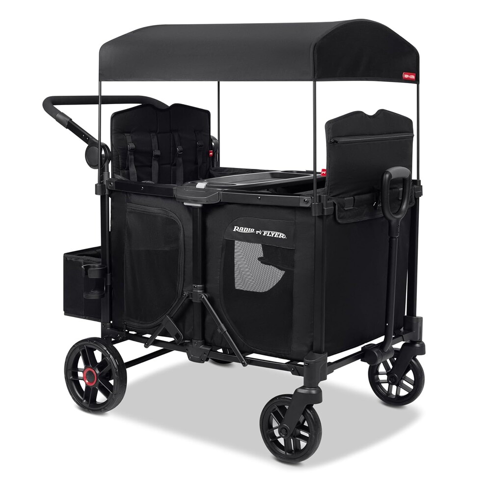 Radio Flyer Voya 2.0 XT 4-Seat Stroller Wagon, for Kids 6+ Months, Lightweight, Compact, Foldable, UV Canopy, Included Storage, Raised Folding Seats, Zippered Doors, Stroller Wagon for Kids
