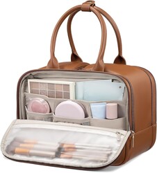 LOVEVOOK Travel Toiletry Bag for Women, Leather Large Wide-open Makeup Bag, Waterproof Cosmetic Bag Organizer for Shower, Traveling, Toiletries, Bathroom