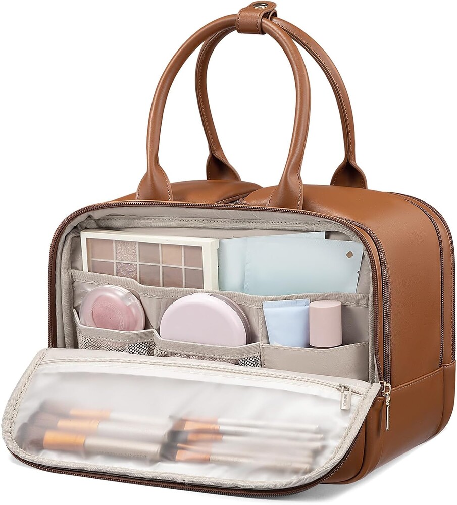 LOVEVOOK Travel Toiletry Bag for Women, Leather Large Wide-open Makeup Bag, Waterproof Cosmetic Bag Organizer for Shower, Traveling, Toiletries, Bathroom