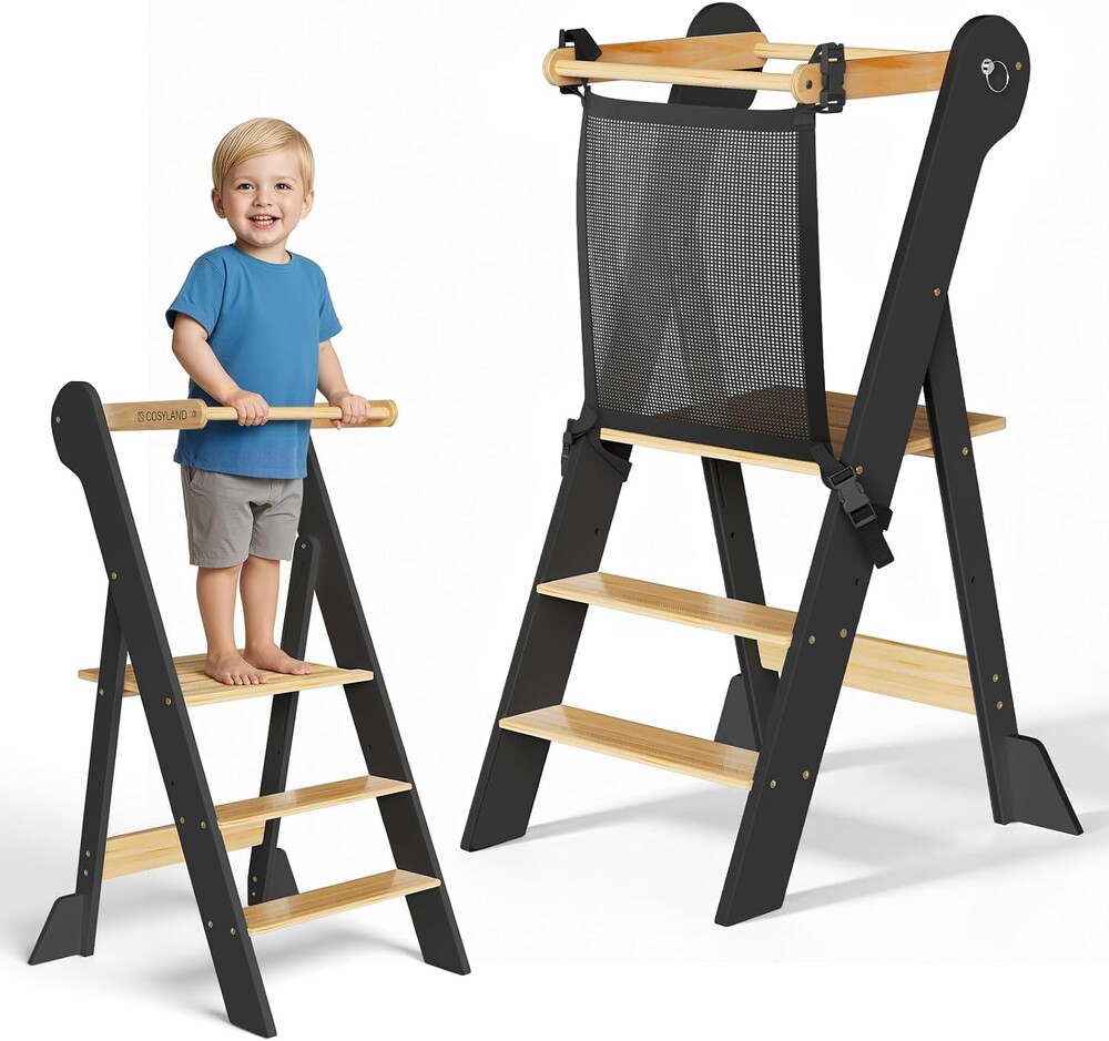 COSYLAND Pre-Assembled Foldable Toddler Kitchen Stool Helper – Toddler Standing Tower with Safety Net, Adjustable Heights & Anti-Tip Feet for Safe Kitchen Fun(Natural & Dark Gray)