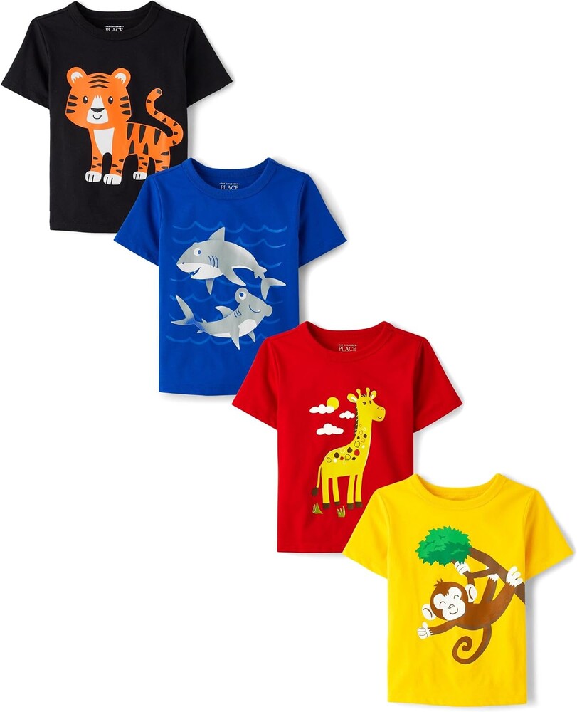 The Children's Place Baby Boys and Toddler Dinos,Animals,Cars Short Sleeve Graphic T-Shirts,4 Pack