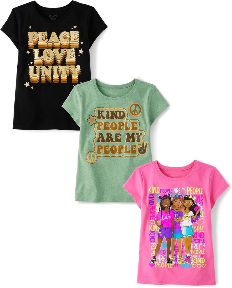 The Children's Place Girls' Sports,Trends,Icons Short Sleeve Graphic T-Shirts,3 Pack