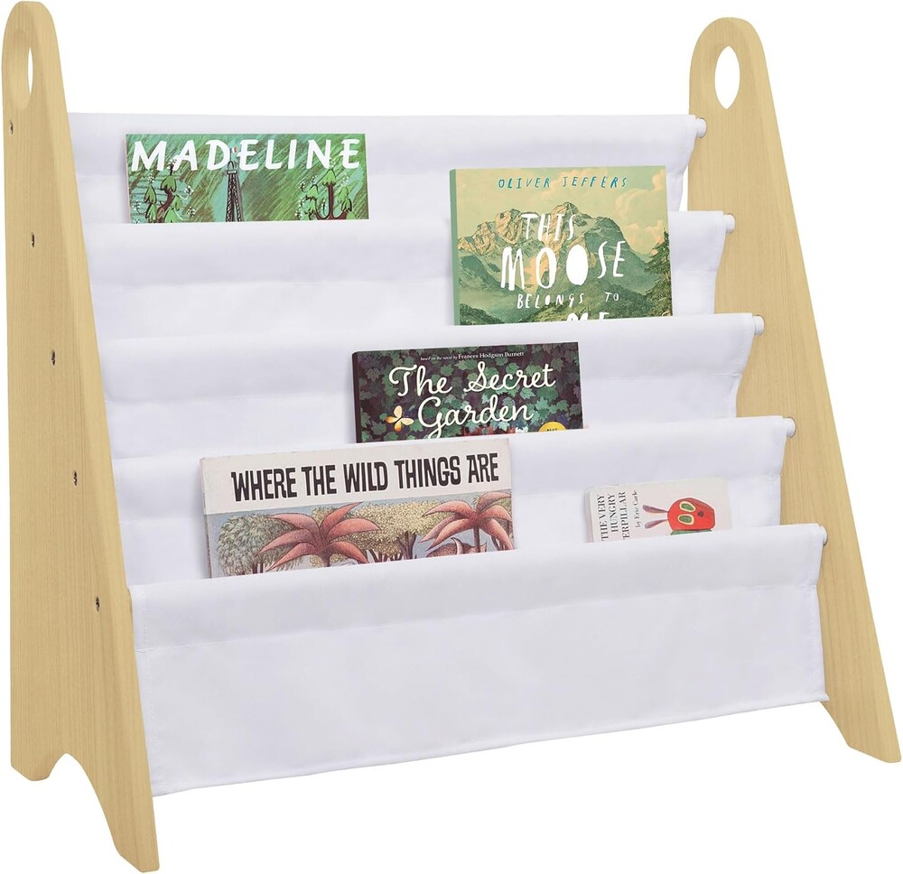 Wildkin Sling Bookshelf for Kids – Modern Wooden Storage with 4 Fabric Shelves & Handles, Organizer for Home or Classroom - Natural White