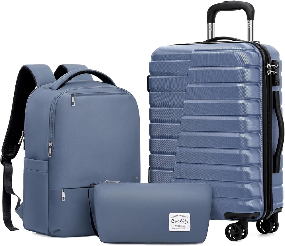 Coolife Luggage Sets 3 Piece, 20In Carry On Luggage with Spinner Wheels PC Hardside Suitcase Set with Travel Backpack (Blue, Backpack/TB/20)