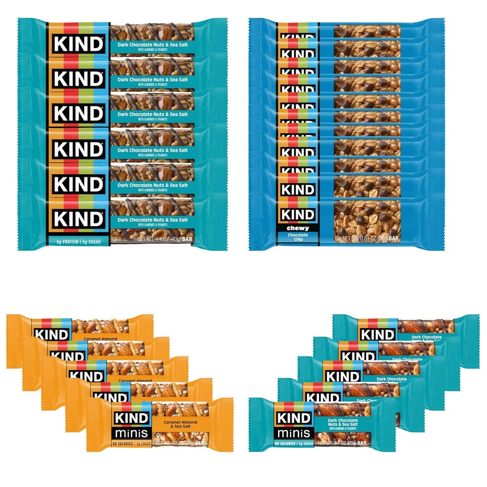 KIND Bar Variety Pack, (6) Dark Chocolate Nuts & Sea Salt, (5) Caramel Almond Sea Salt Mini, (5) Dark Chocolate Nuts & Sea Salt Mini, (10) Chewy Chocolate Chip