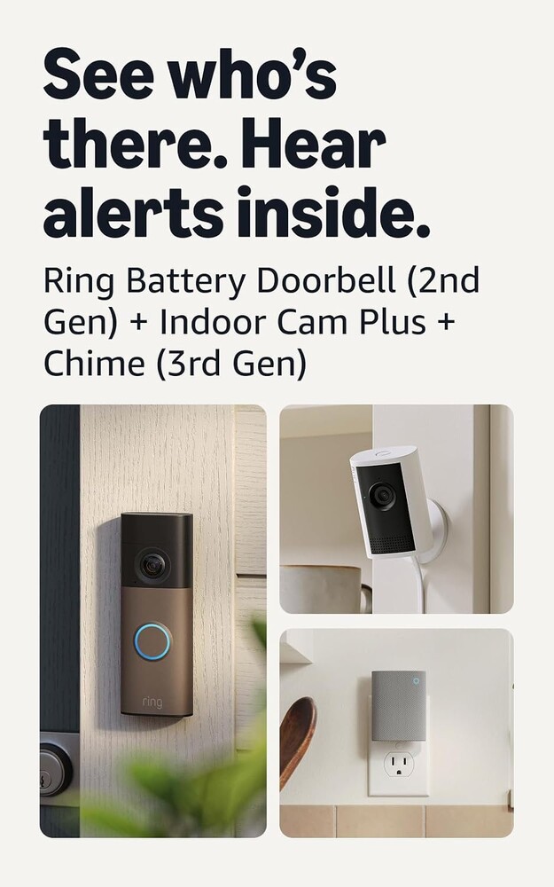 Ring Battery Doorbell (newest model), Matte Mocha with Indoor Cam Plus, White and Chime (newest model)