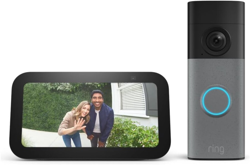 Amazon Echo Show 5 Smart Display with Alexa+ & Ring Battery Doorbell Bundle - 2x Bass, Retinal 2K Video, 6x Enhanced Zoom, Charcoal & Speckled Gray