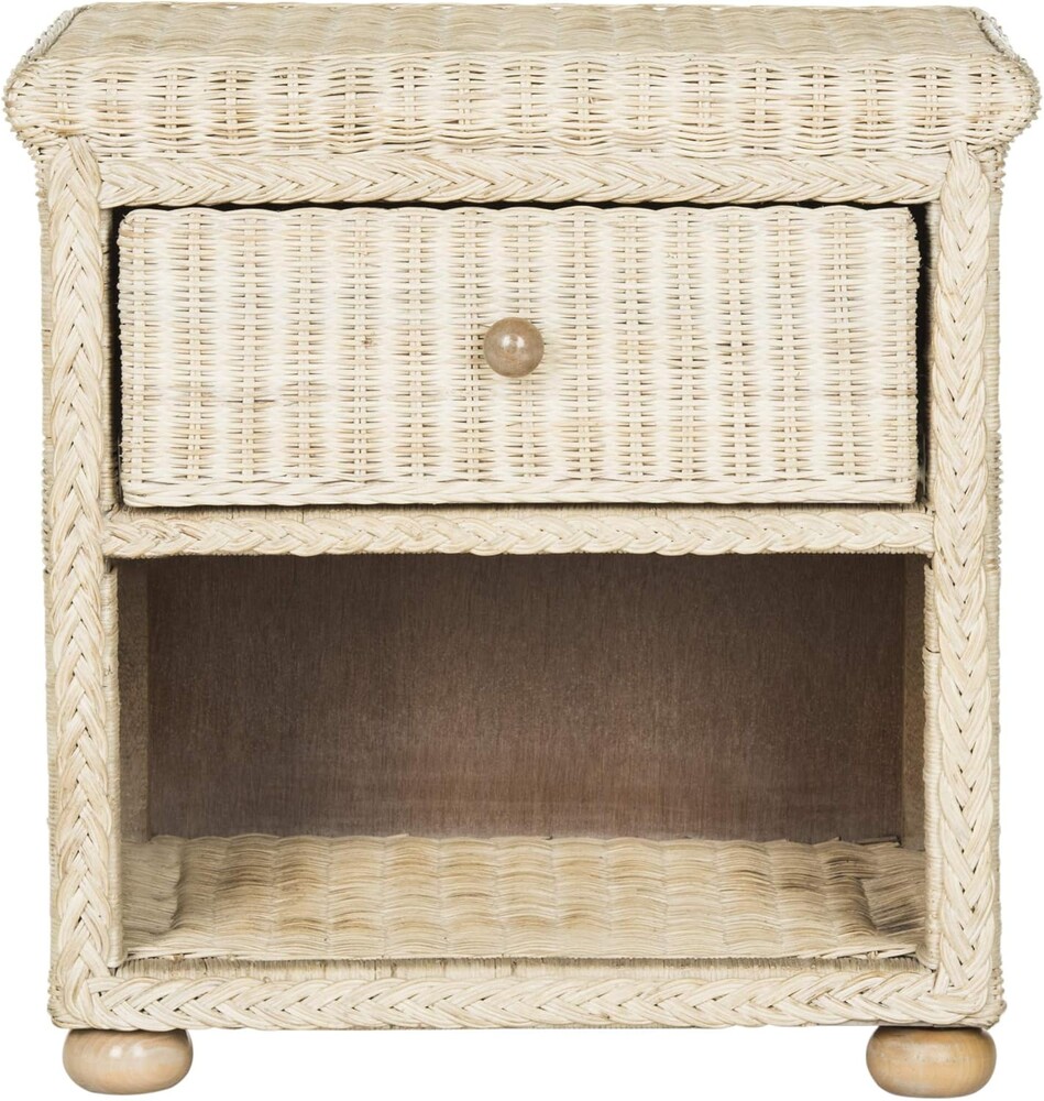 SAFAVIEH Home Collection - Adira Natural White Wash Wicker 1-Drawer Nightstand Accent Table, Coastal Boho Bedroom Storage Furniture with Shelf, 22.1"W x 16.5"D x 22.1"H (SEA8002A)
