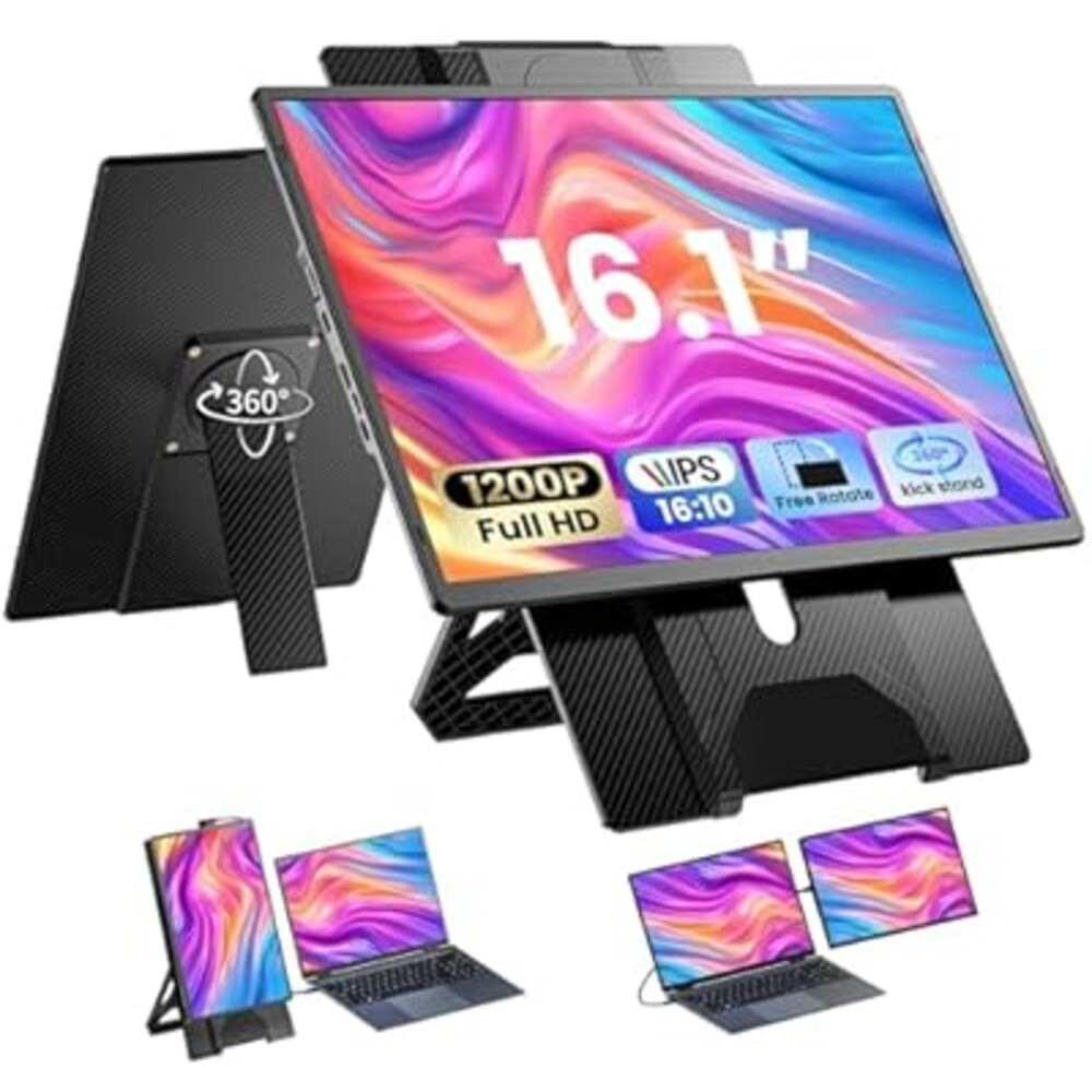Enzion Laptop Screen Extender 16.1", 1200P FHD, Portable Monitor 360° Rotating Detachable Stand, Height Adjustable Monitor Extender for Laptop 13-17.5", Plug-Play for Tablet, PC, Phone, etc