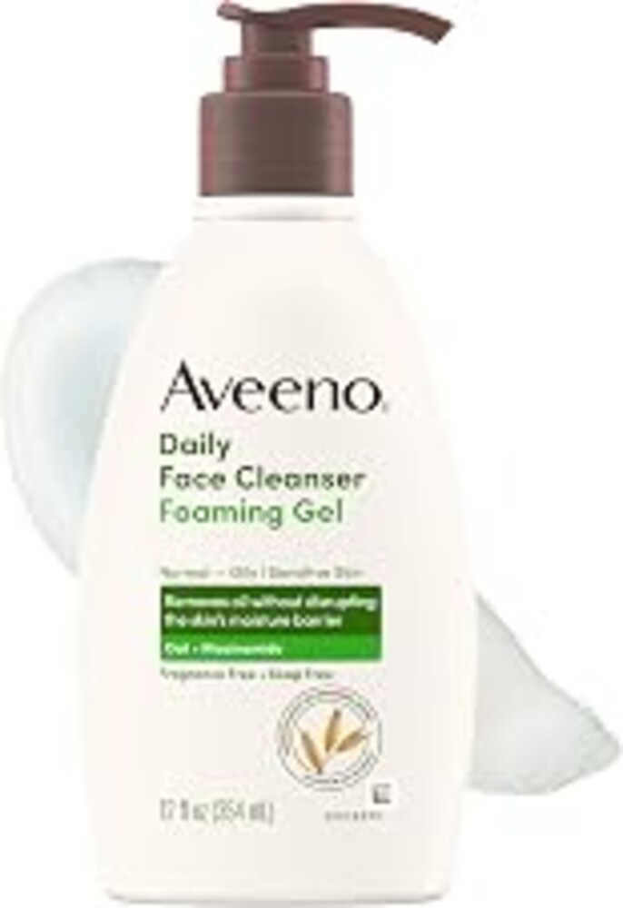 Aveeno Daily Foaming Gel Facial Cleanser for Normal to Oily or Sensitive Skin, Prebiotic Oat Formula, Fragrance-Free & Hypoallergenic, Free from Sulfates, Parabens, Dyes & Soap, 12 Fl Oz​