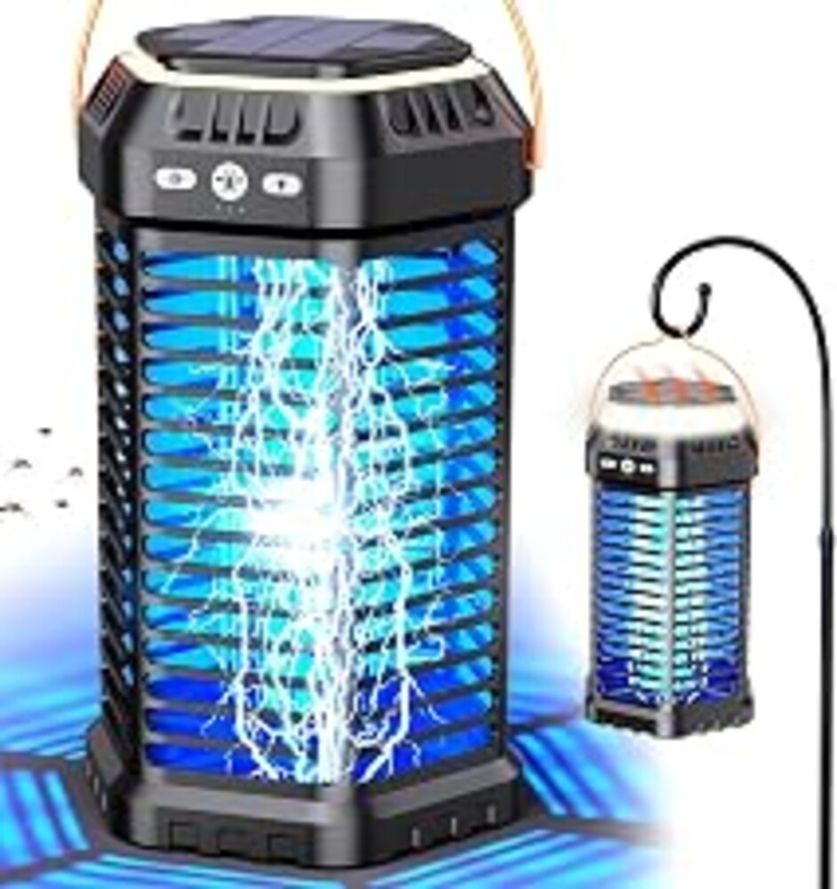 GTERT Solar Bug Zapper Outdoor, Rechargeable Mosquito & Fly Zapper with Auto ON/Off, 6000mAh Long-Lasting, Foldable Camping Light, Solar & USB Powered Bug Zapper for Patio, Camping & Indoor Use