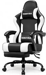 Gaming Chair Gamer Game Ergonomic with Footstool Lumbar Support Deep Black | Headrest, Height and Backrest Adjustable, Deep Black Leather, 210 KG Heavy Duty Load Capacity 52cm Wingless Cushion
