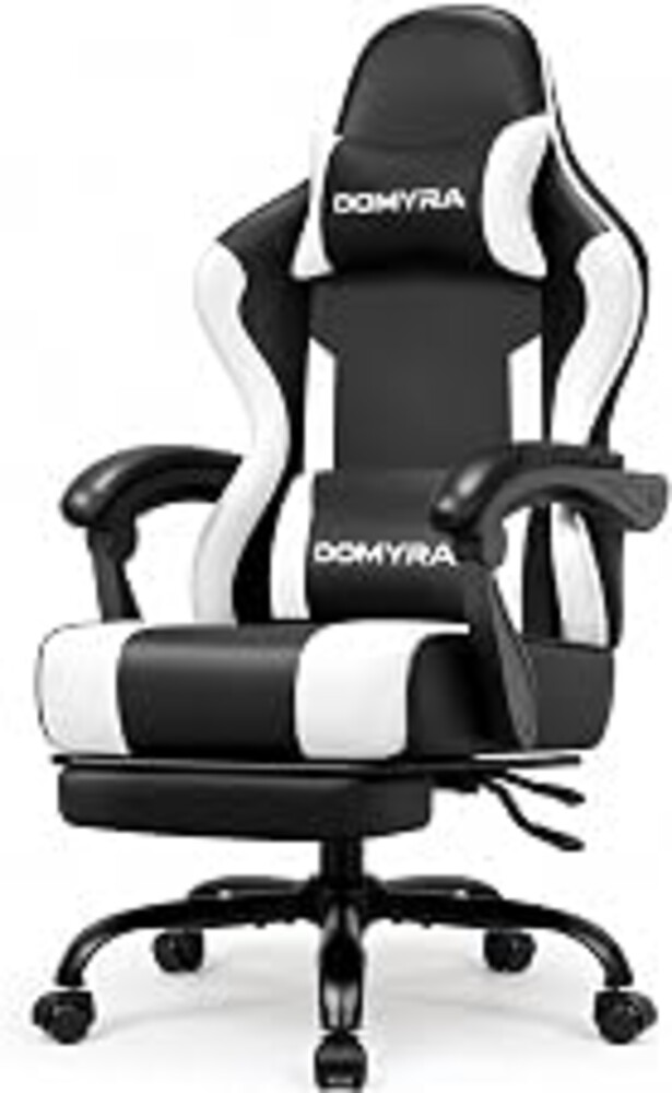 Gaming Chair Gamer Game Ergonomic with Footstool Lumbar Support Deep Black | Headrest, Height and Backrest Adjustable, Deep Black Leather, 210 KG Heavy Duty Load Capacity 52cm Wingless Cushion