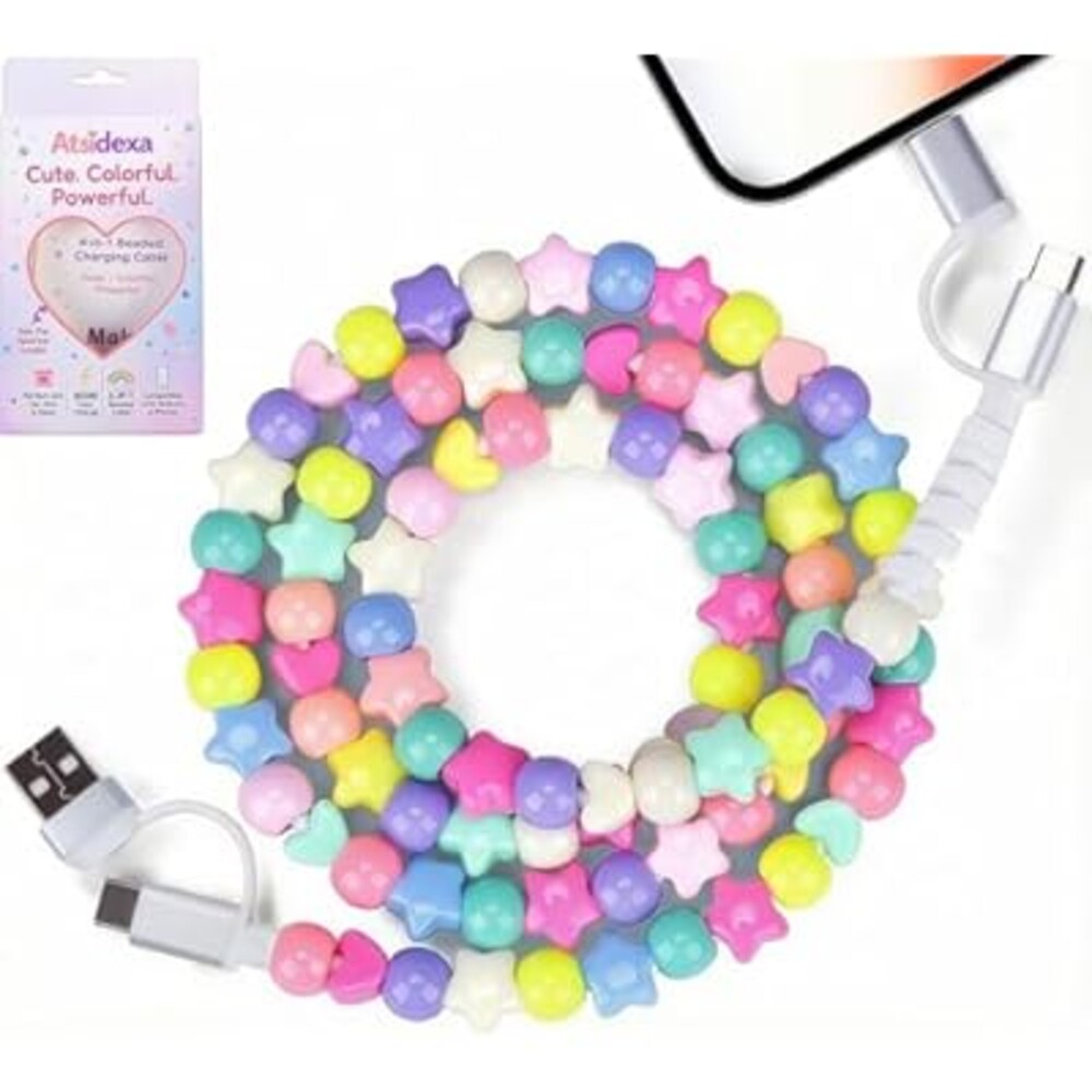 Atsidexa 4-in-1 Stars Beaded Charging Cable, Metal Design, Nicely Packed, 60W Fast Charging, MFi Certified, Cute Colorful Cable, Gift for Girls, Compatible with iPhone, iPad, AirPods, Galaxy, and More
