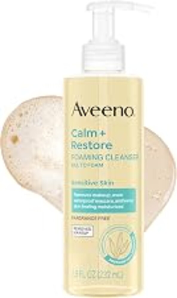 Aveeno Calm + Restore Foaming Cleanser, Daily Face Wash for Sensitive Skin, Gentle Foaming Cleanser Removes Makeup with Soothing Oat, Feverfew & Hyaluronic Acid, Fragrance-Free, 7.8 Fl Oz