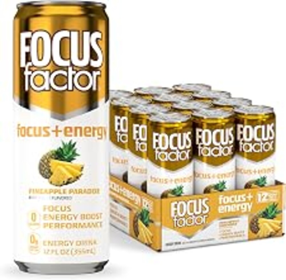 Focus Factor Energy Drink - 12 x 355ml Cans (Pineapple Paradise Flavor) - with Focus + Energy - Lightly Carbonated, Sugar Free, Low Calorie with Vitamins B6 & B12