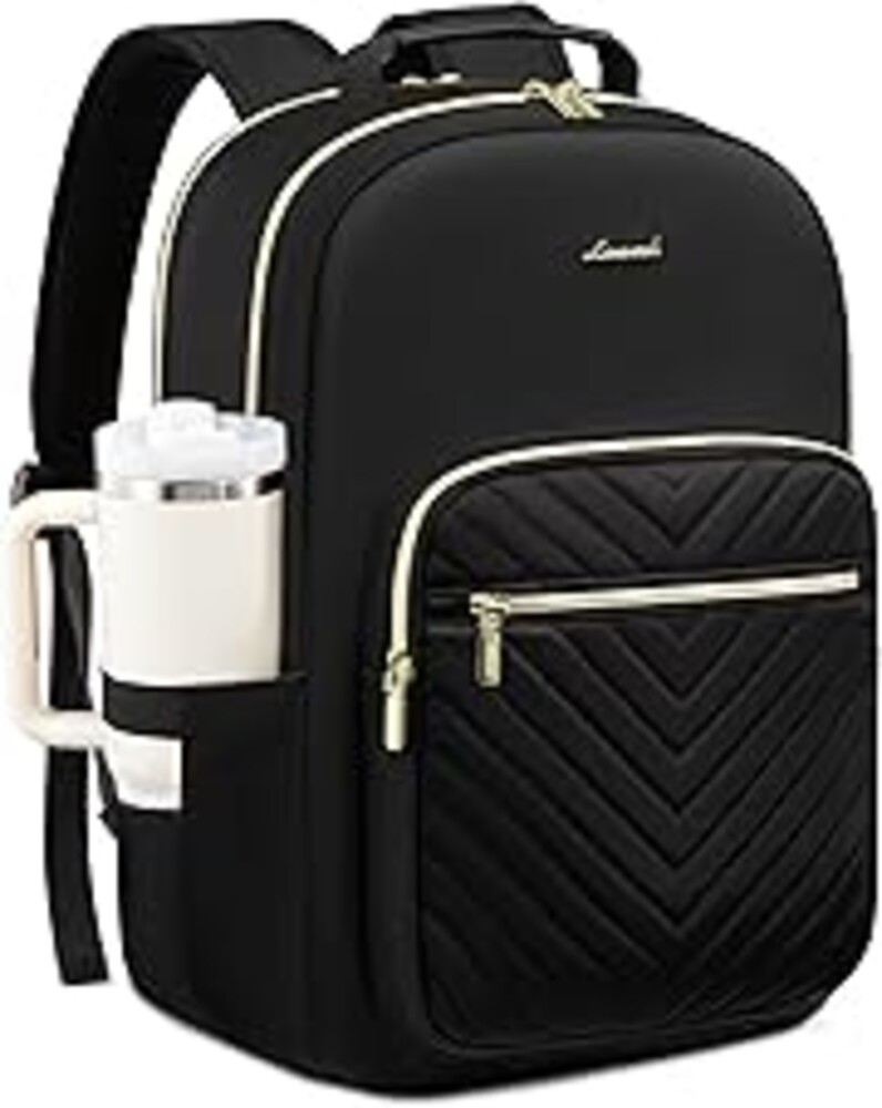 LOVEVOOK Laptop Backpack for Women with Giant Tumbler Holder 15.6 inch,Designer Travel Backpack Laptop Bag College Backpack,Quilted Work Nurse Teacher Backpack Purse Computer Bag Casual Daypack, Black