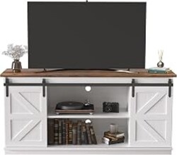 JUMMICO TV Stand for 65 Inch TV, Entertainment Center with Storage Cabinets and Sliding Barn Doors, Mid Century Modern Media TV Console Table for Living Room Bedroom (Bright White)