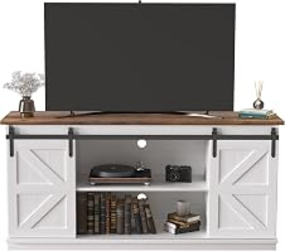 JUMMICO TV Stand for 65 Inch TV, Entertainment Center with Storage Cabinets and Sliding Barn Doors, Mid Century Modern Media TV Console Table for Living Room Bedroom (Bright White)