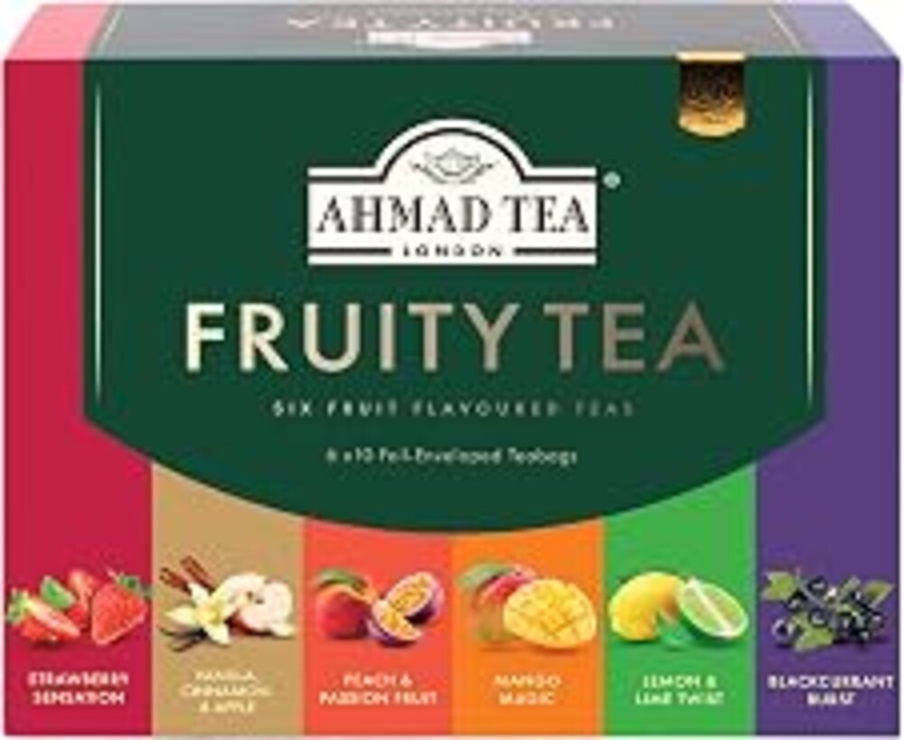 Ahmad Tea Black & Green Tea, Fruitytea Assorted Sampler Variety Gift Box, 60 Foil Teabags - Caffeinated & Sugar-Free
