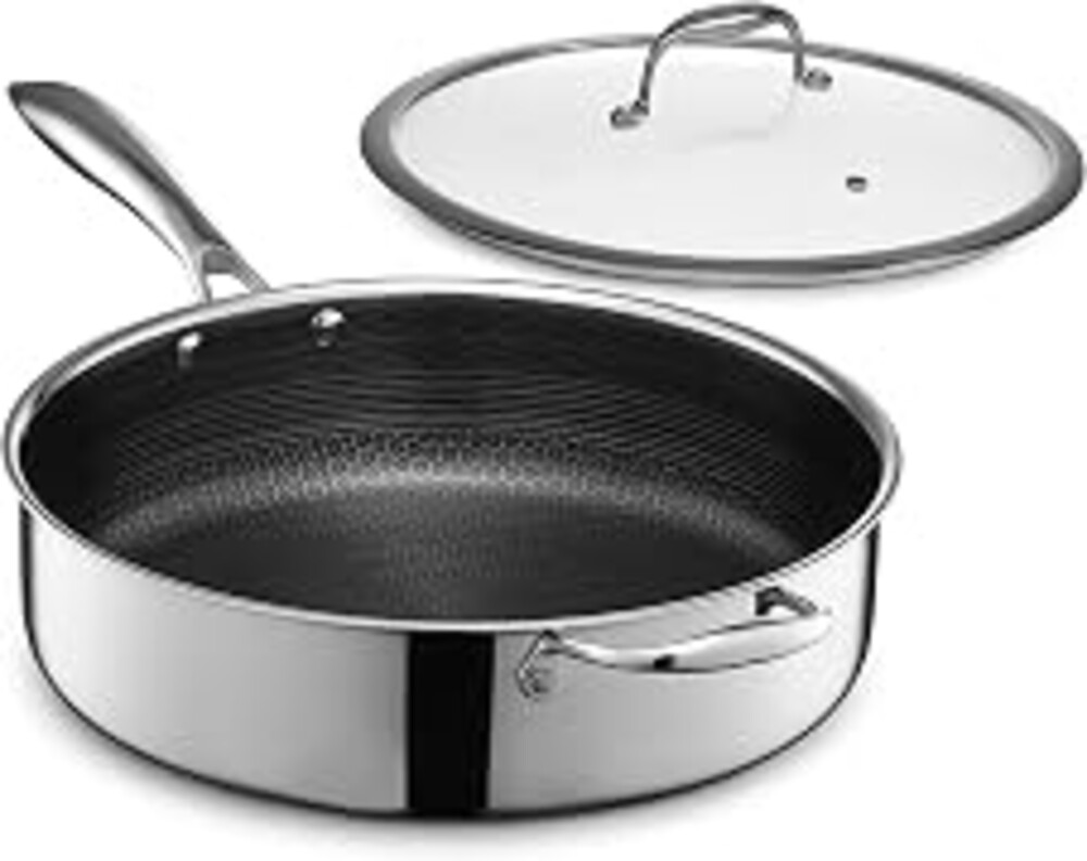 HexClad 5.5 Quart Hybrid Nonstick Deep Sauté Frying Pan with Lid, Dishwasher and Oven-Safe, Induction Ready, Compatible with All Cooktops