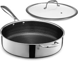HexClad 5.5 Quart Hybrid Nonstick Deep Sauté Frying Pan with Lid, Dishwasher and Oven-Safe, Induction Ready, Compatible with All Cooktops
