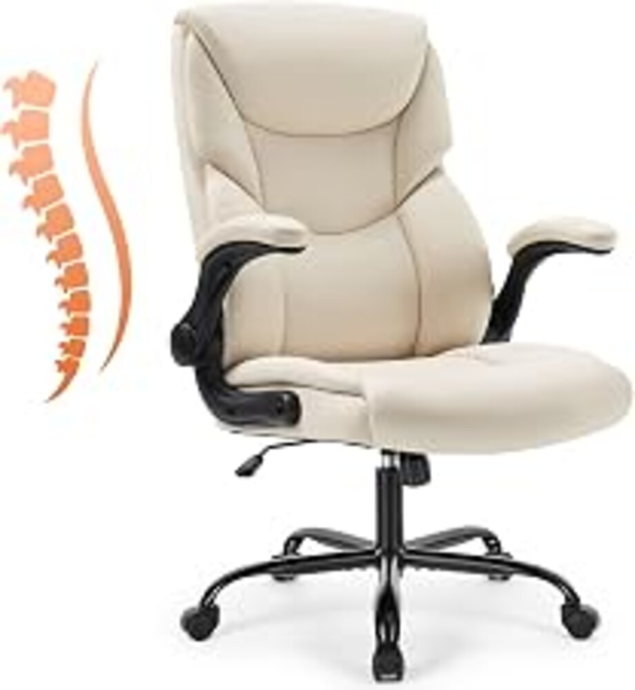 Sweetcrispy Office Executive Chair - Heavy Duty High Back Home Desk Chair with Flip-up Armrest, PU Leather, Height Adjustable & Swivel Rolling with Wheels, Beige
