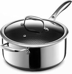 HexClad 5 Quart Hybrid Nonstick Sauce Pan Pot with Lid, Stay-Cool Handle, Dishwasher Safe, Induction Ready, Compatible with All Cooktops