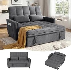 tiramisubest 54'' Sleeper Sofa Bed, Convertible Pull Out Couch Futon for for Living Room,Apartment (Darkgrey, Loveseat) Side Pockets, Velvet Fabric, Adjustable Backrest, Pull-Out Bed, Easy Assembly