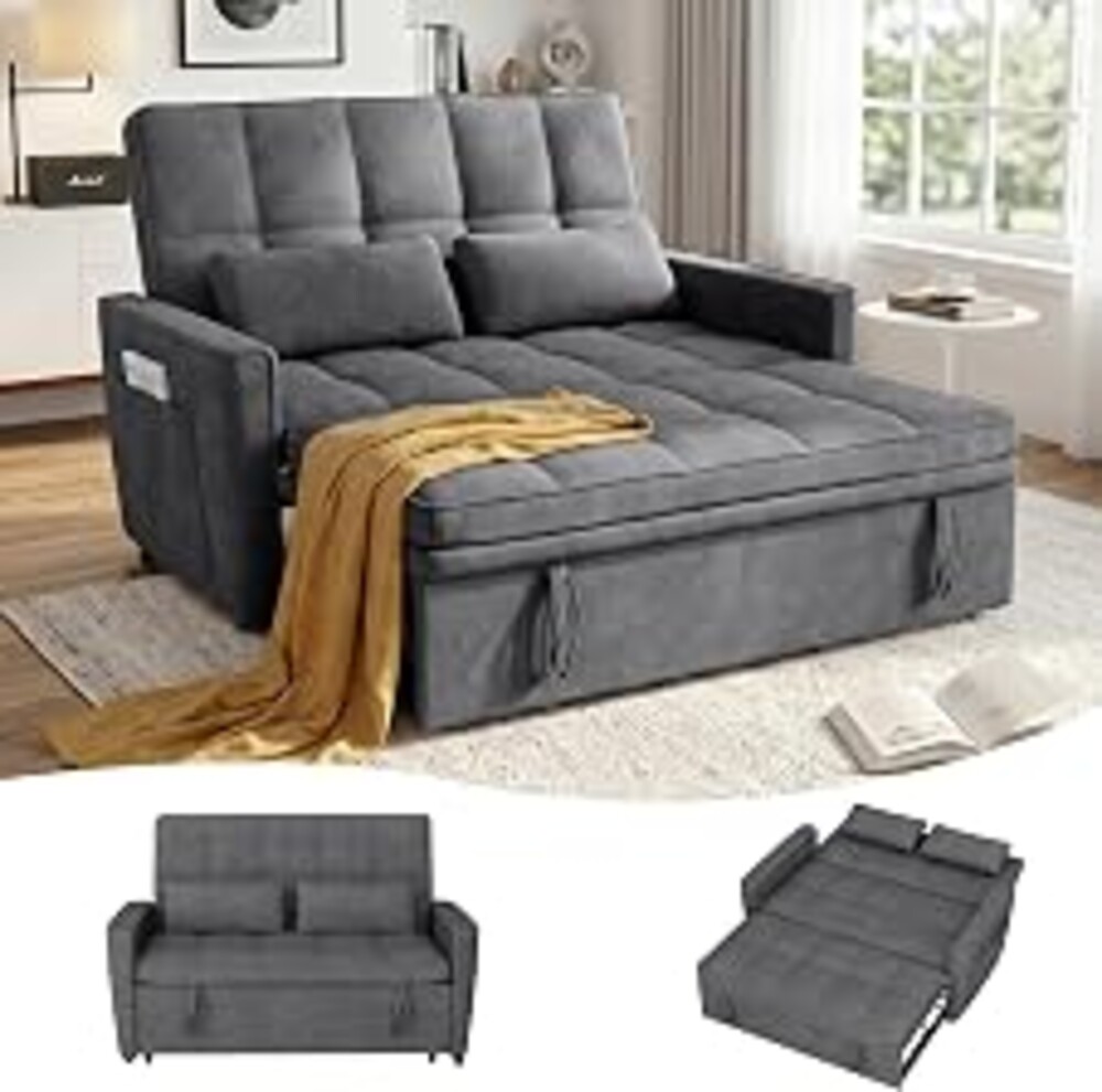 tiramisubest 54'' Sleeper Sofa Bed, Convertible Pull Out Couch Futon for for Living Room,Apartment (Darkgrey, Loveseat) Side Pockets, Velvet Fabric, Adjustable Backrest, Pull-Out Bed, Easy Assembly