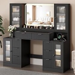 ANYMAPLE 55" Vanity Desk with Mirror & Lights, Fluted Makeup Vanity with 8 Drawers & 4 Cabinets, Tempered Glass Top, RGB Cabinet Lighting, 3-Color Dimmable Mirror, and Charging Station