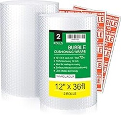 wanguagua 2 Pack 12 Inch x 72 ft Total Bubble Packing Wrap for Moving Boxes Shipping Cushioning Supplies Perforated Every 12” | Heavy Duty Fully-inflated Bubbles for Boxes, Shipping Cushioning Supplies, Perforated Every 12"