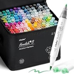 Ohuhu Alcohol Markers Brush Tip - 120-color AP Certificated Double Tipped Art Marker Set for Artist Adults Cozy Coloring Drawing Illustration - Brush and Fine Dual Tips - Honolulu 2B - Refillable
