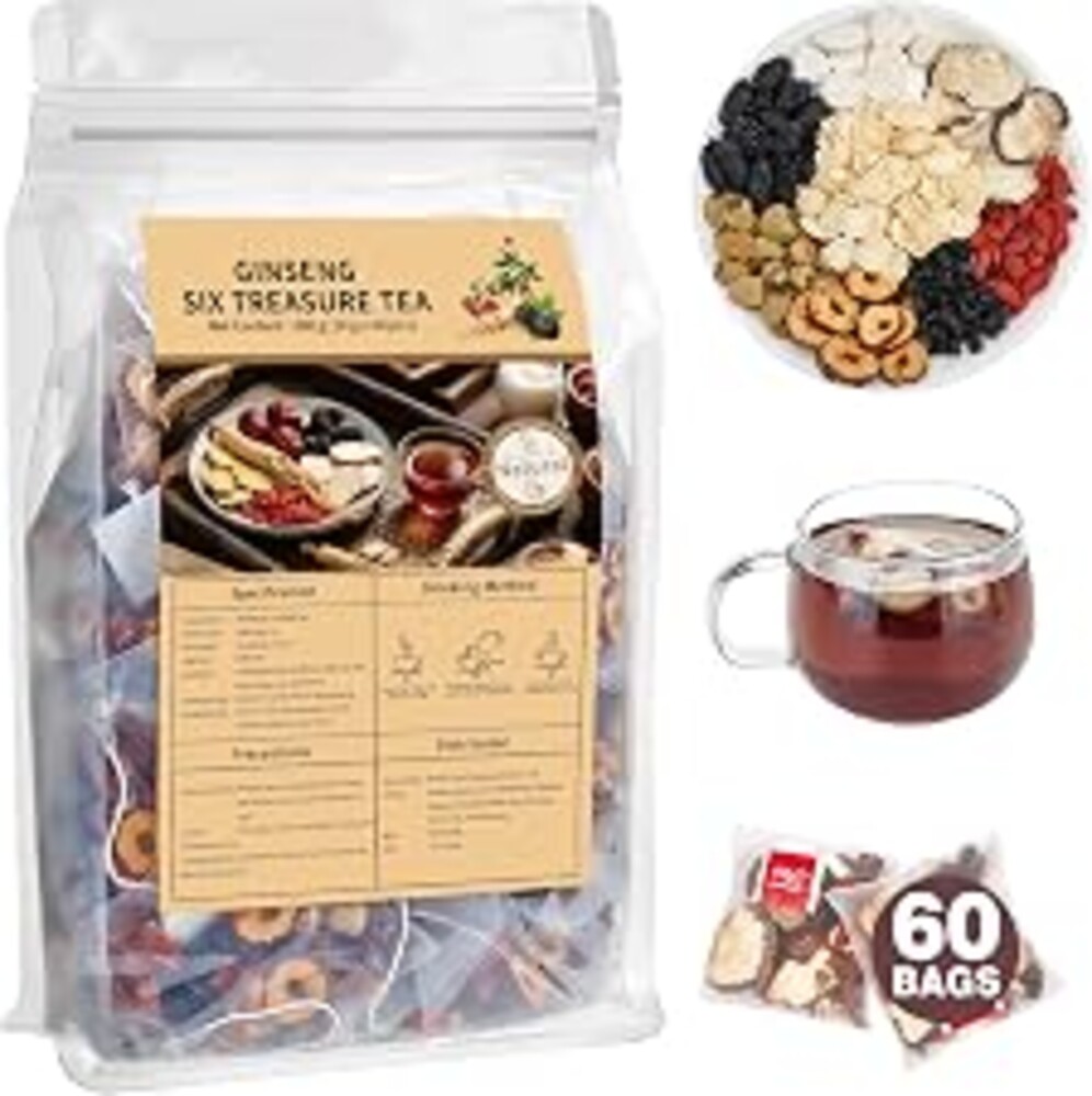 Kidney Tea Formula Ginseng Six Treasure Tea, Ginseng & Mulberry Herbal Tea, Kidney Cleanse Detox & Repair, Traditional Chinese Herbal Tea Bags, Five Treasures Teas For Men Women (60 Bags/1 Pack)