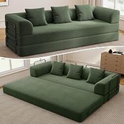 89" Cloud Boneless Convertible Sofa Bed, 5-in-1 Foldable Compressed High-Density Sponge Sofa, Corduroy Fabric 3 Seater Sleeper Couch Futon Daybed for Living Room Bedroom (Green)