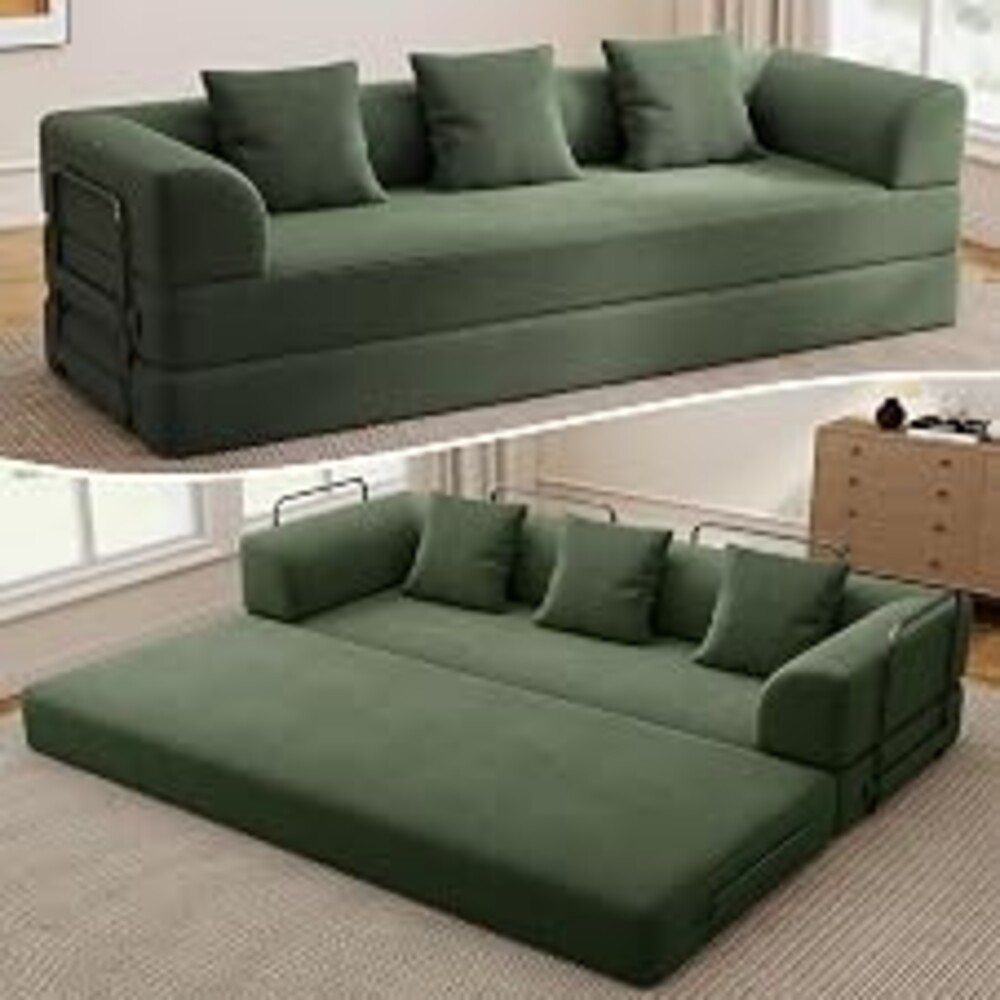 89" Cloud Boneless Convertible Sofa Bed, 5-in-1 Foldable Compressed High-Density Sponge Sofa, Corduroy Fabric 3 Seater Sleeper Couch Futon Daybed for Living Room Bedroom (Green)