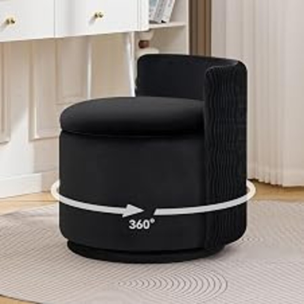 WUTUTUEE Large Velvet Vanity Chair with Storage, 360° Swivel Makeup Chair with Wave Back, No Assembly Small Accent Stool for Bedroom, Dressing, Living Room, Black