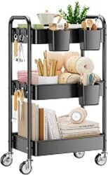 YASONIC 3 Tier Rolling Cart - Metal Utility Cart with Wheels, Hanging Cups, Hooks, Heavy Duty Mesh Rolling Storage Cart Organizer, Craft Cart for Kitchen Office, Lightweight and Sturdy