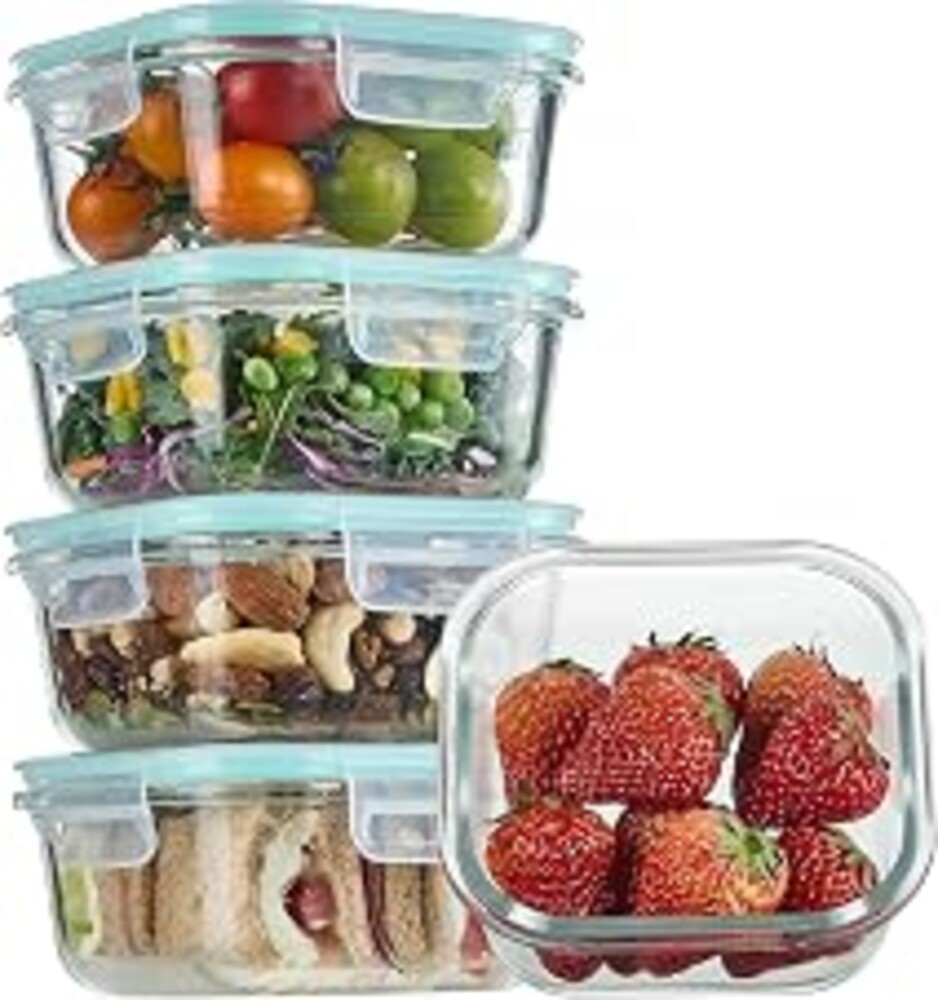 Vtopmart 5Pack 17.5oz Glass Storage Containers with Lids, Glass Meal Prep Food Container Sets with Snap Airtight Lid for Microwave, Oven, Freezer and Dishwasher, Green