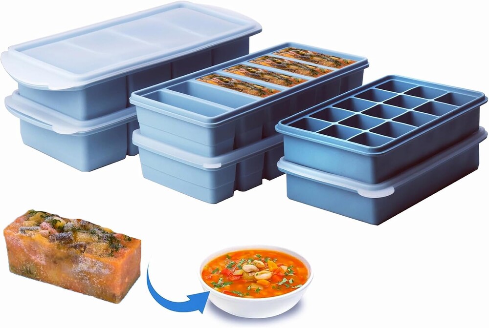 Silicone Freezer Molds Gift Set with 2 Tbsp, 1/2, and 1 Cup Silicone Freezer Trays With Lids - Meal Prep and Kitchen Essentials Bundle (Blue 6 Pack)