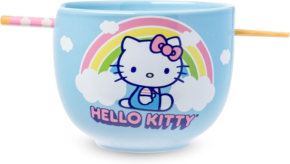 Silver Buffalo Hello Kitty Rainbow and Clouds Ceramic Ramen Noodle Rice Bowl with Chopsticks, Microwave Safe, 20 Ounces