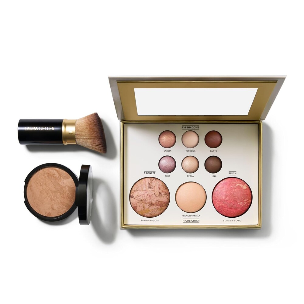 LAURA GELLER NEW YORK Baked Starter Kit- Baked Balance-n-Brighten, Medium + Best of the Best Tuscan Dreams Face Palette + Retractable Angled Kabuki Brush