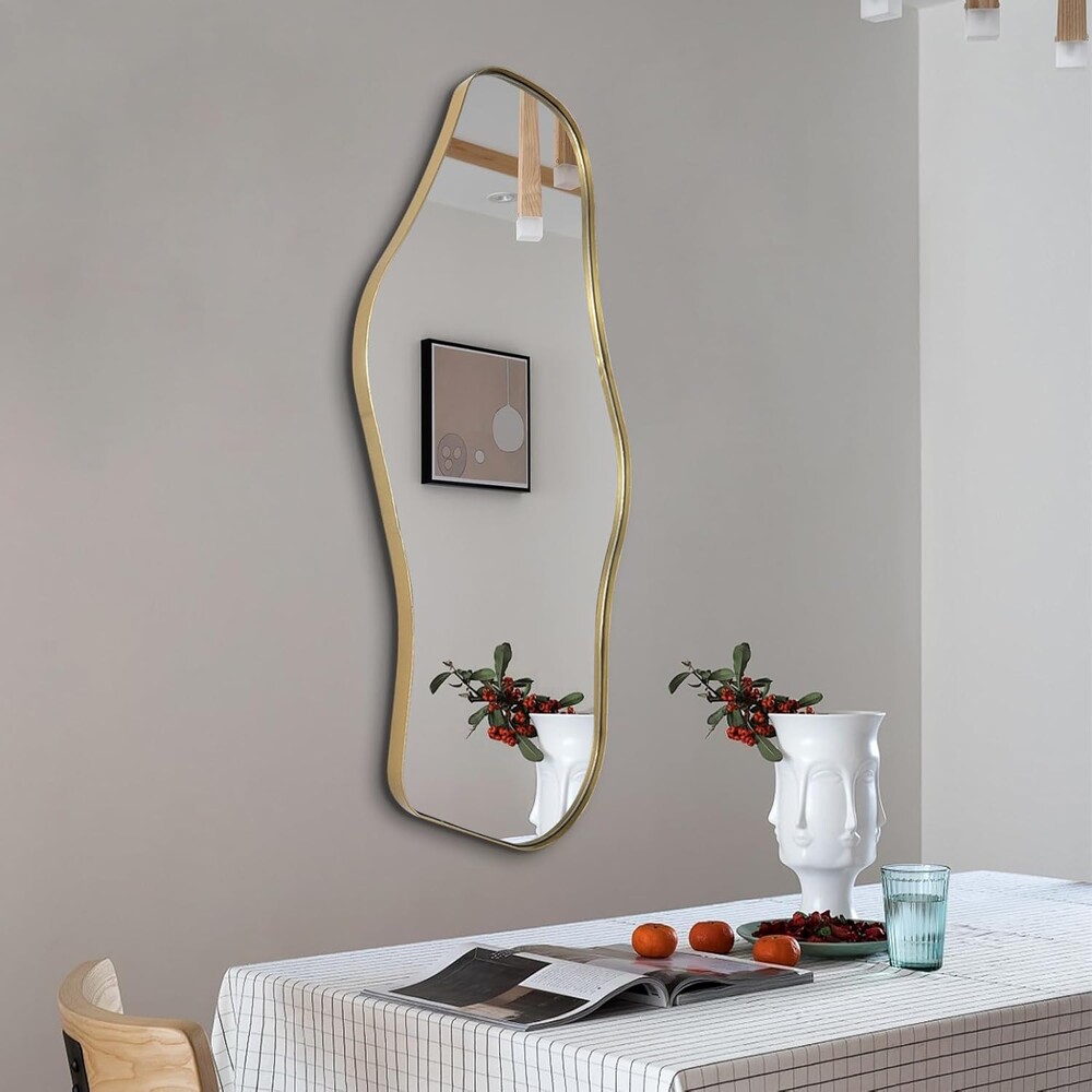 Irregular Wall Mirror, 40"x18" Asymmetrical Mirror with Gold Metal Frame, Organic Shaped Mirror for Living Room Bathroom Bedroom Hallway Entryway, Hangs Vertically or Horizontally
