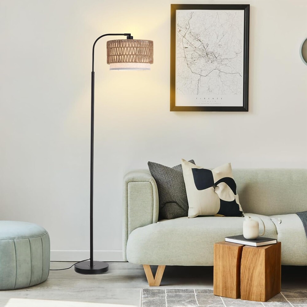 Arc Floor Lamp for Living Room，Boho Standing Lamp with Rattan & Fabric Shades,Farmhouse Floor Lamps with Foot Switch，Adjustable Tall Lamp for Bedroom, Office,LED Bulb Included